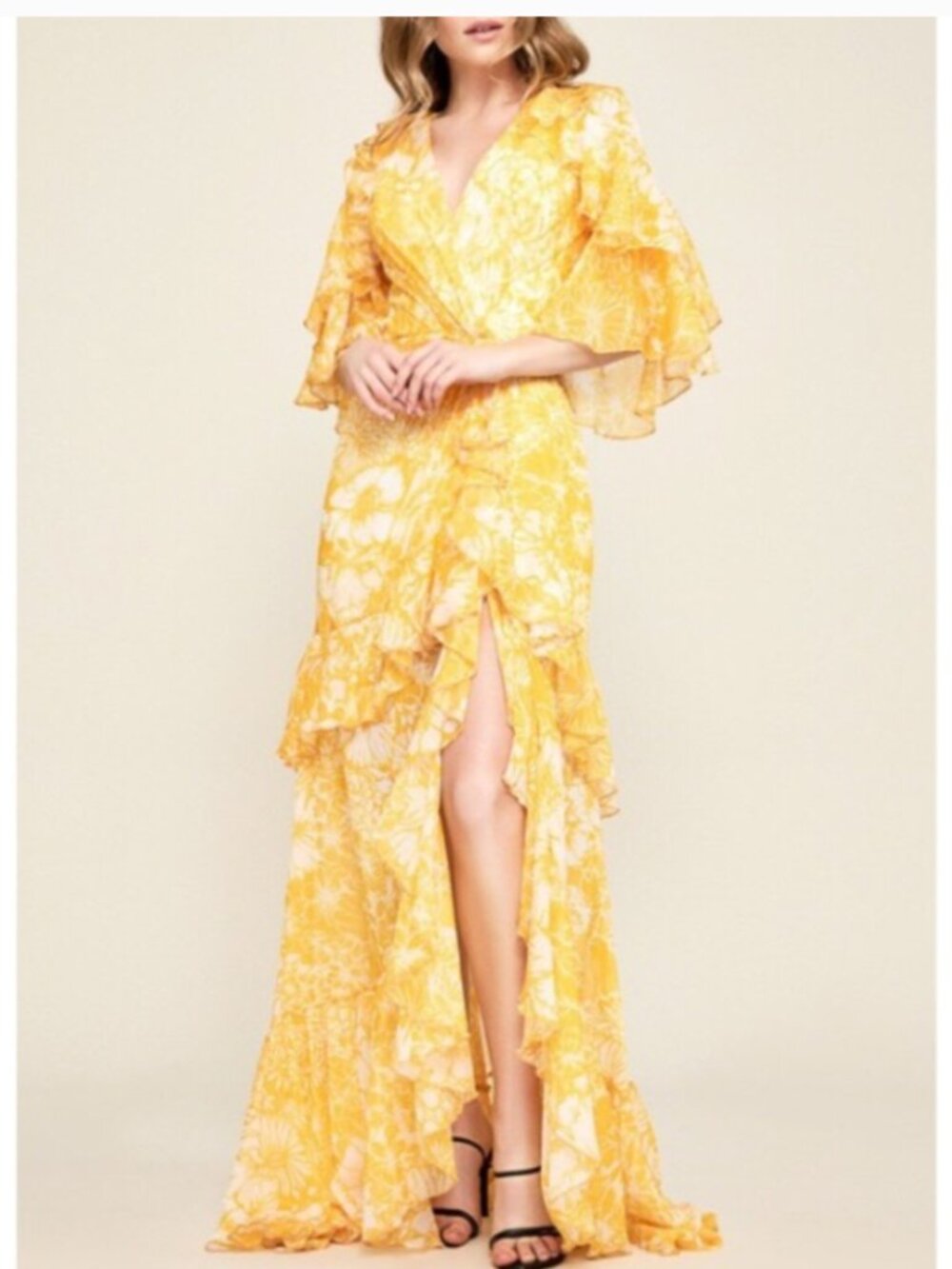 Tadashi Yellow Floral Ruffle Flutter Chiffon Maxi Dress Gown Wedding sz 10